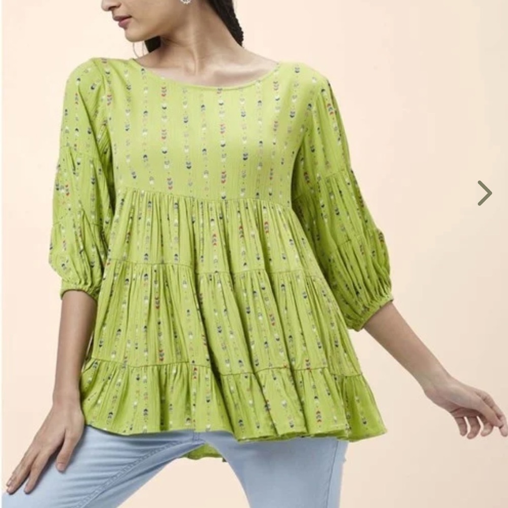 People by Pantaloons Lime Green Printed Peplum Tiered Top  | XL